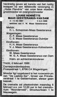 Overlijdensbericht L.H. (Lous) MG-van Dam (1988)